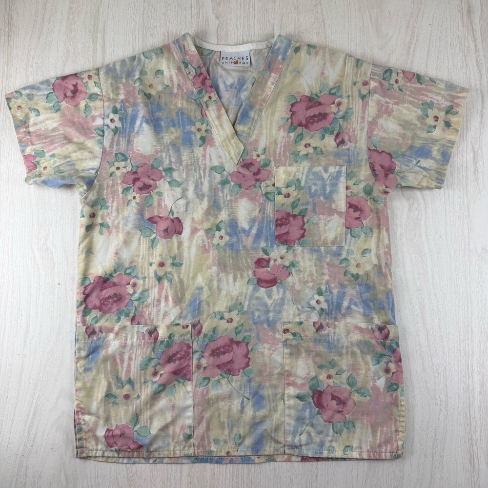 Vtg Women's S Peaches Scrub Top Soft Pink Roses Floral Pastels Nurse Medical